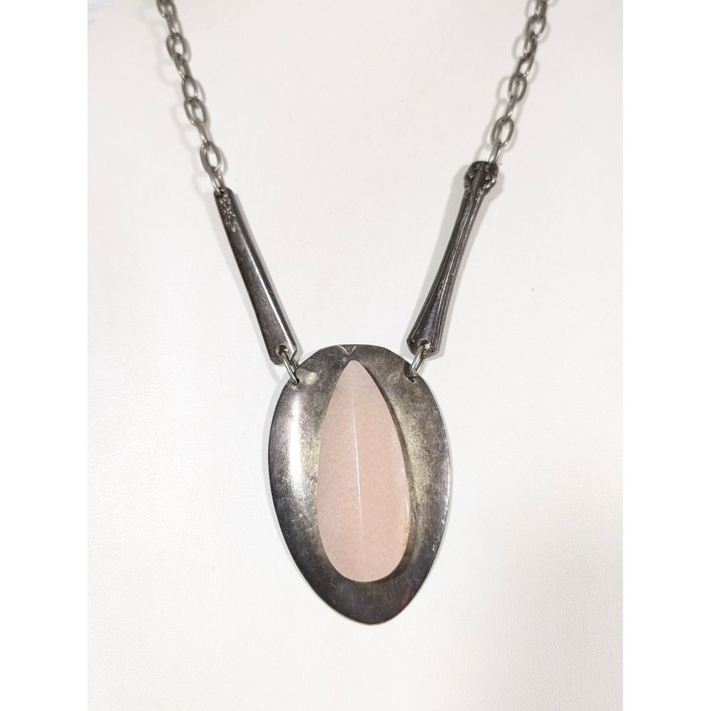 Handmade Spoon Necklace Wm Rogers Silverplate Oval Stone Pendant 33in Boho